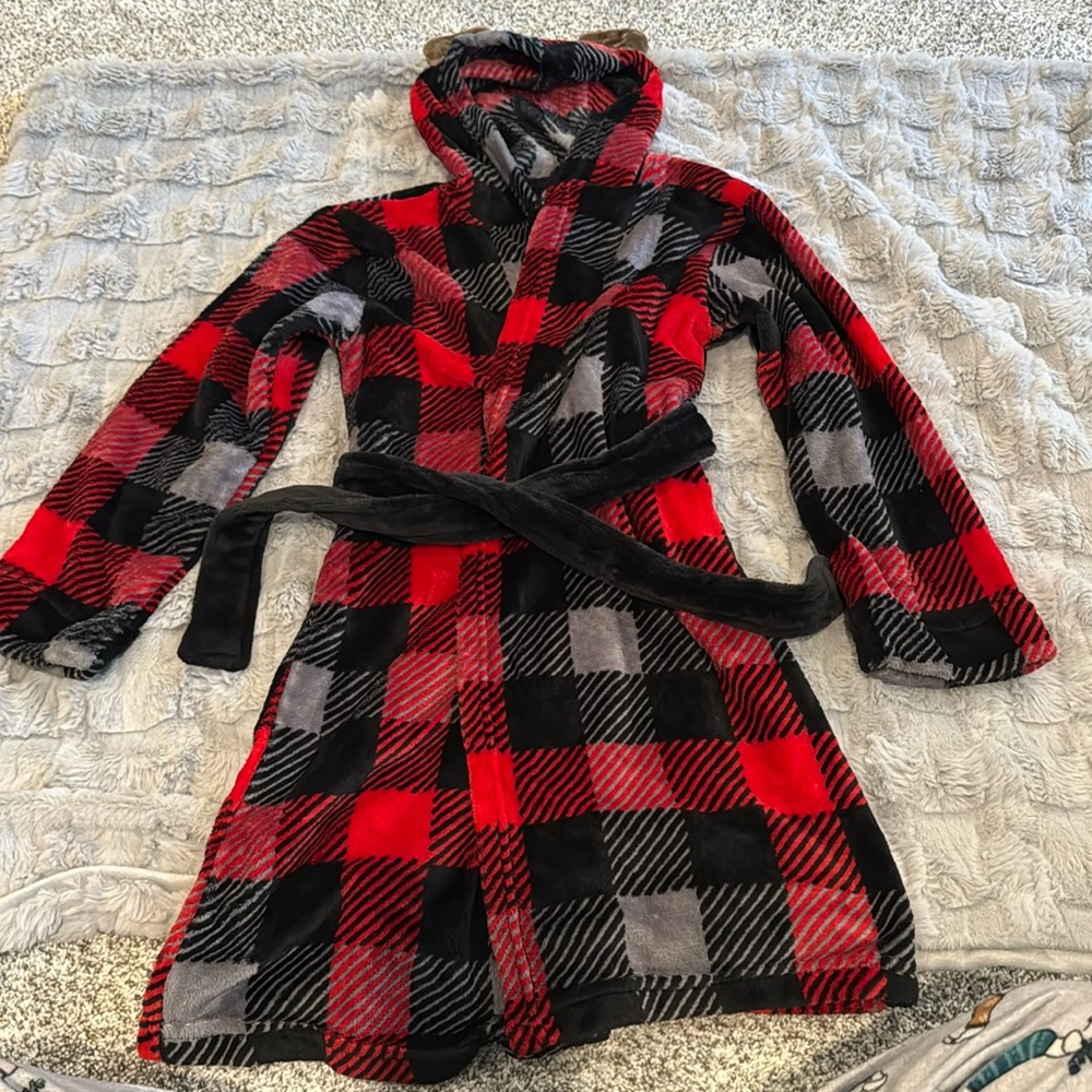 Kids Plush Hooded Robe - Red & Black Buffalo Check
